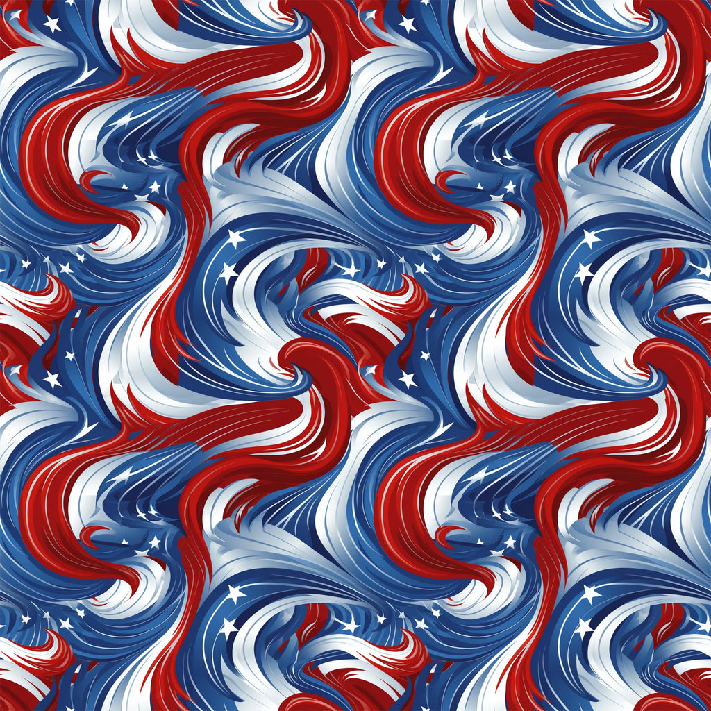 red, white, blue, patriotic swirls, flowing ribbons, star accents, wavy pattern, dynamic movement, american flag colors,, fabric panel, july 4th, independence day, stars and swirls, fluid design, spinning motion, festive, national pride, curved lines, seamless repeat