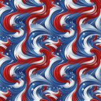 red, white, blue, patriotic swirls, flowing ribbons, star accents, wavy pattern, dynamic movement, american flag colors,, fabric panel, july 4th, independence day, stars and swirls, fluid design, spinning motion, festive, national pride, curved lines, seamless repeat