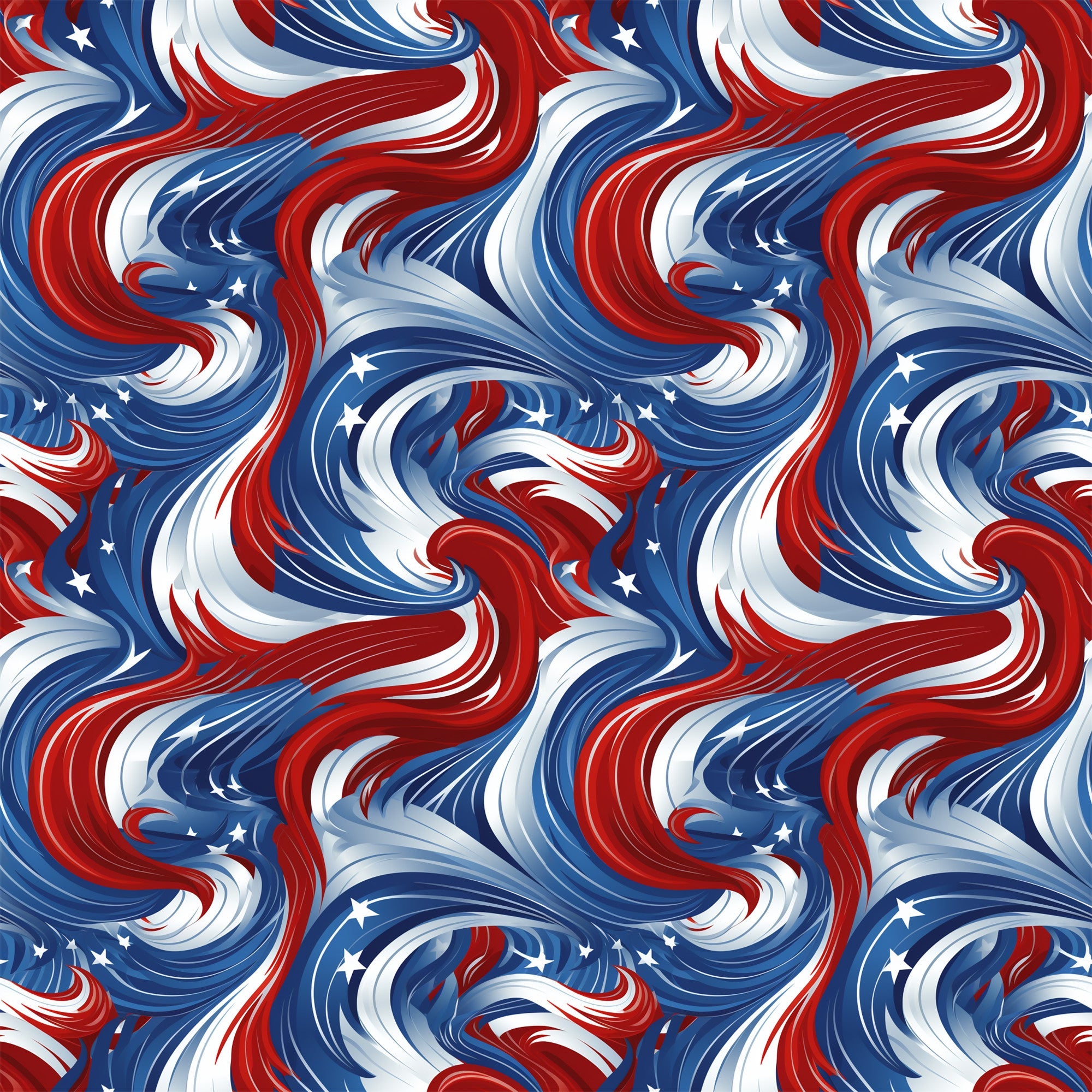red, white, blue, patriotic swirls, flowing ribbons, star accents, wavy pattern, dynamic movement, american flag colors,, fabric panel, july 4th, independence day, stars and swirls, fluid design, spinning motion, festive, national pride, curved lines, seamless repeat