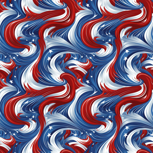 red, white, blue, patriotic swirls, flowing ribbons, star accents, wavy pattern, dynamic movement, american flag colors,, fabric panel, july 4th, independence day, stars and swirls, fluid design, spinning motion, festive, national pride, curved lines, seamless repeat
