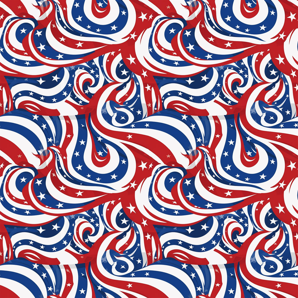red, white, blue, patriotic, swirls, stars, flowing ribbons, abstract waves, american flag colors,, fabric panel, dynamic movement, curving stripes, celestial stars, independence day, july 4th, spiraling design, seamless pattern, cotton fabric, patriotic theme