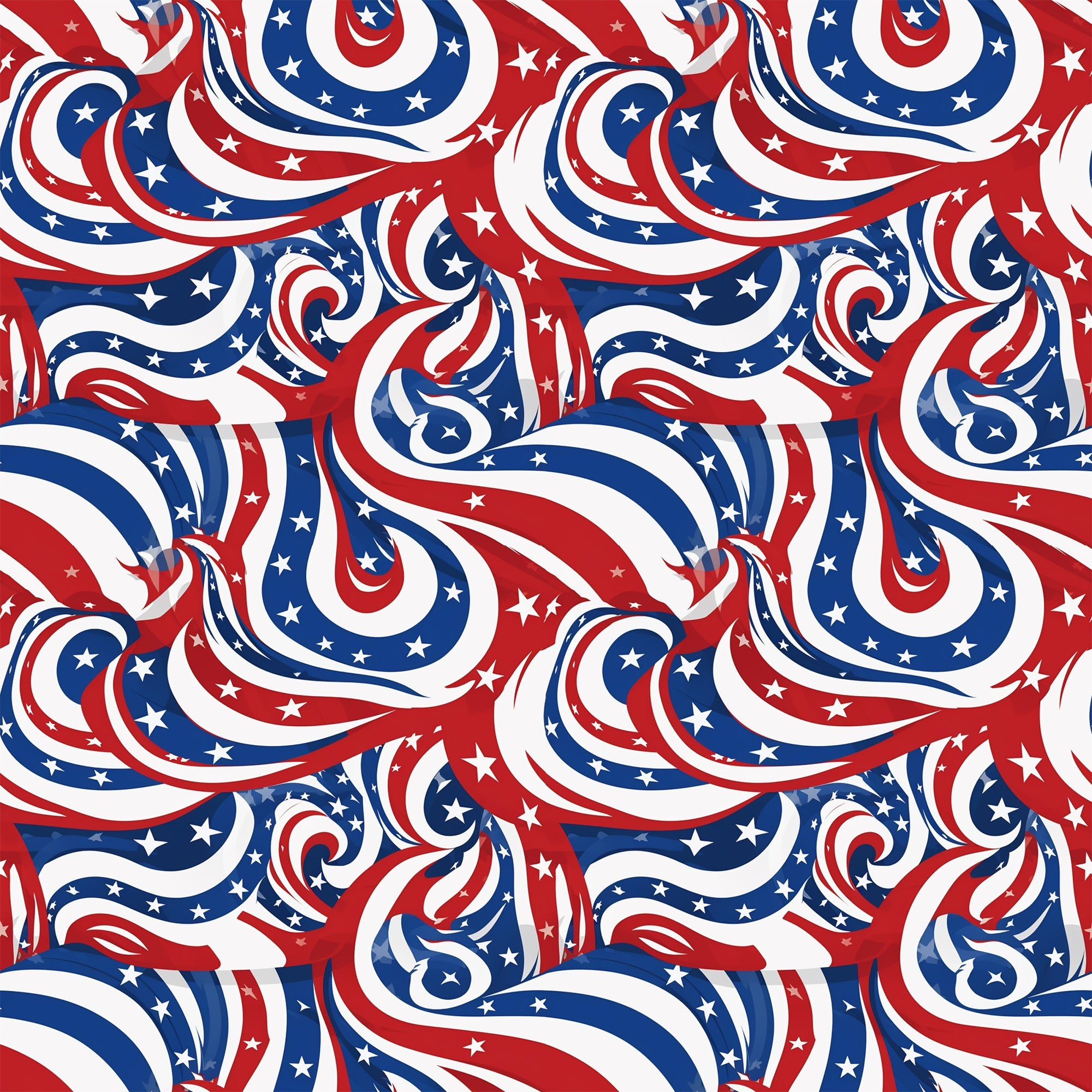 red, white, blue, patriotic, swirls, stars, flowing ribbons, abstract waves, american flag colors,, fabric panel, dynamic movement, curving stripes, celestial stars, independence day, july 4th, spiraling design, seamless pattern, cotton fabric, patriotic theme