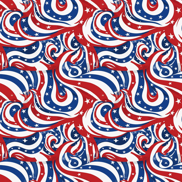 red, white, blue, patriotic, swirls, stars, flowing ribbons, abstract waves, american flag colors,, fabric panel, dynamic movement, curving stripes, celestial stars, independence day, july 4th, spiraling design, seamless pattern, cotton fabric, patriotic theme