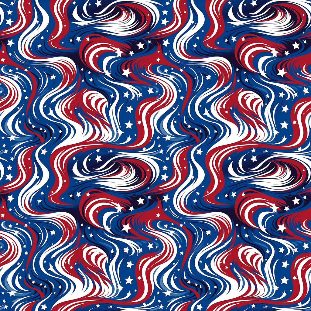 red, white, blue, navy blue, swirls, flowing lines, stars, patriotic pattern, wavy stripes, american flag colors,, fabric panel, fourth of july, independence day, curvy design, dynamic movement, repeating pattern, textile design, sewing material, crafting fabric