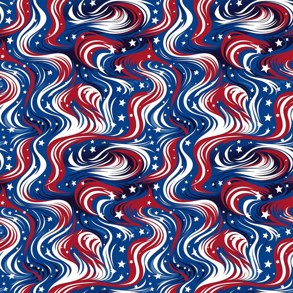 red, white, blue, navy blue, swirls, flowing lines, stars, patriotic pattern, wavy stripes, american flag colors,, fabric panel, fourth of july, independence day, curvy design, dynamic movement, repeating pattern, textile design, sewing material, crafting fabric