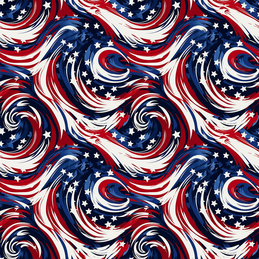 red, white, blue, navy blue, swirls, spirals, stars, patriotic, american flag colors, flowing curves, dynamic movement,, fabric panel, repeating pattern, fourth of july, independence day, wavy lines, abstract design, festive, geometric swirls