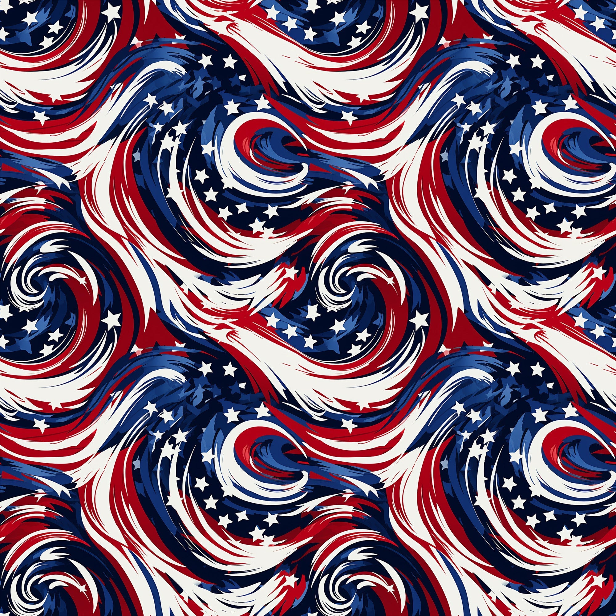 red, white, blue, navy blue, swirls, spirals, stars, patriotic, american flag colors, flowing curves, dynamic movement,, fabric panel, repeating pattern, fourth of july, independence day, wavy lines, abstract design, festive, geometric swirls