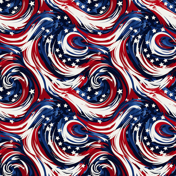 red, white, blue, navy blue, swirls, spirals, stars, patriotic, american flag colors, flowing curves, dynamic movement,, fabric panel, repeating pattern, fourth of july, independence day, wavy lines, abstract design, festive, geometric swirls