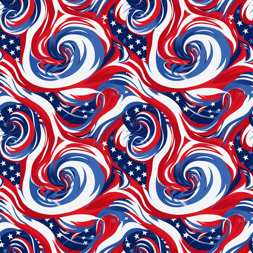 red, white, blue, patriotic, swirls, spirals, stars, flag colors, abstract pattern, flowing design,, fabric panel, american theme, dynamic movement, curved lines, repeating pattern, textile design, crafting material, seamless design