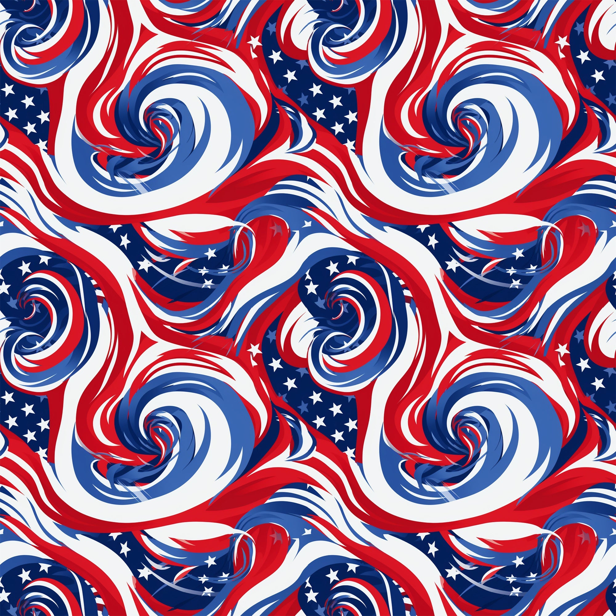 red, white, blue, patriotic, swirls, spirals, stars, flag colors, abstract pattern, flowing design,, fabric panel, american theme, dynamic movement, curved lines, repeating pattern, textile design, crafting material, seamless design