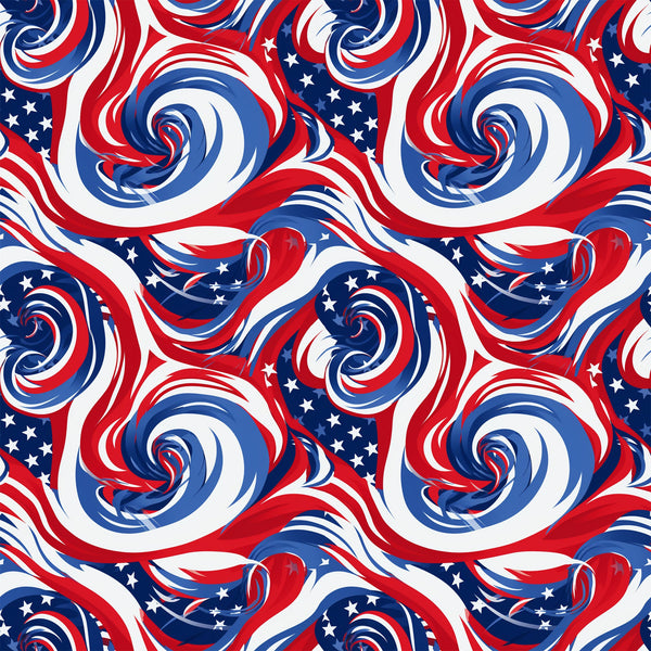 red, white, blue, patriotic, swirls, spirals, stars, flag colors, abstract pattern, flowing design,, fabric panel, american theme, dynamic movement, curved lines, repeating pattern, textile design, crafting material, seamless design
