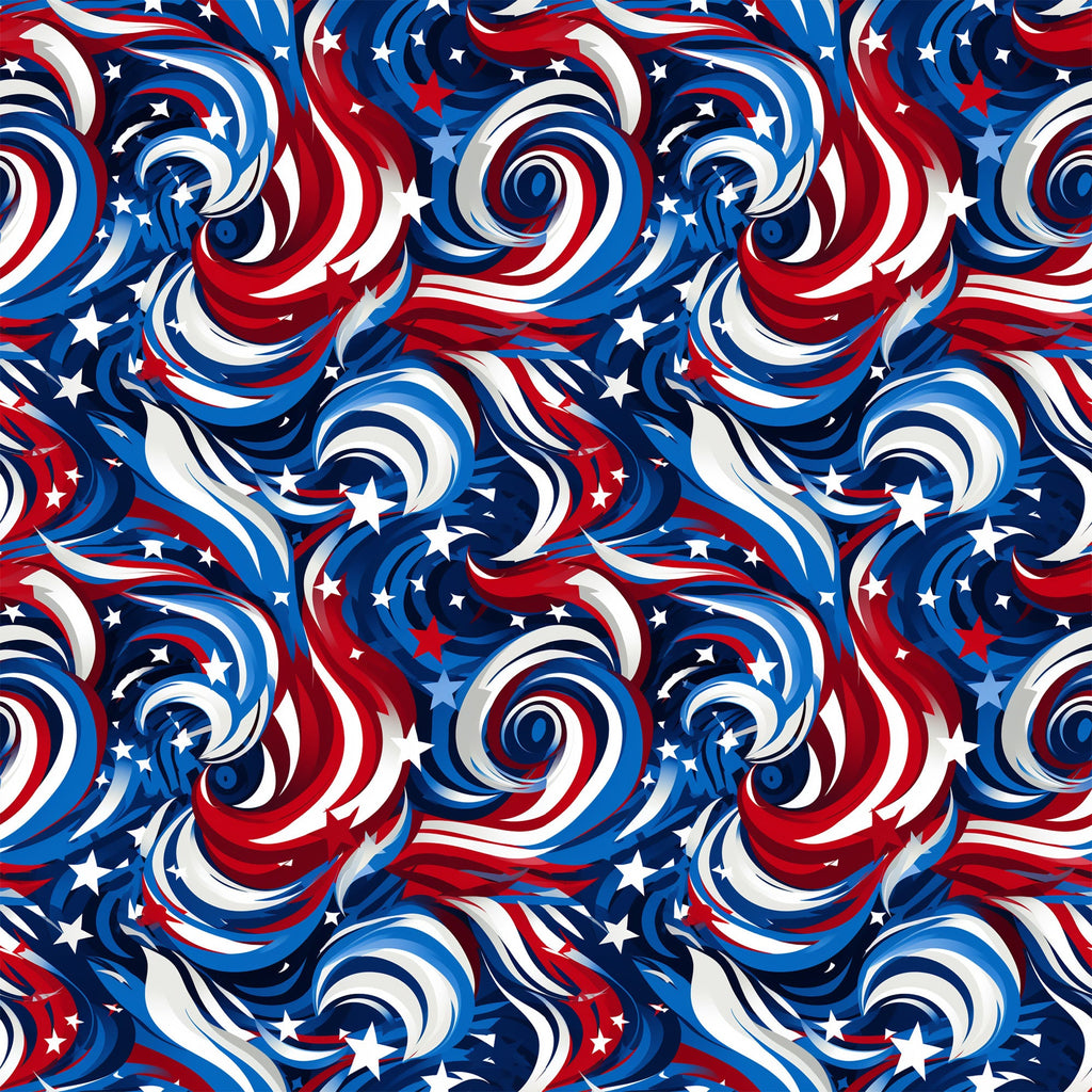 red, white, blue, navy blue, swirls, spirals, stars, patriotic, american flag colors, abstract pattern, flowing design,, fabric panel, seamless repeat, dynamic movement, circular motifs, usa theme, independence day, fourth of july, geometric swirls