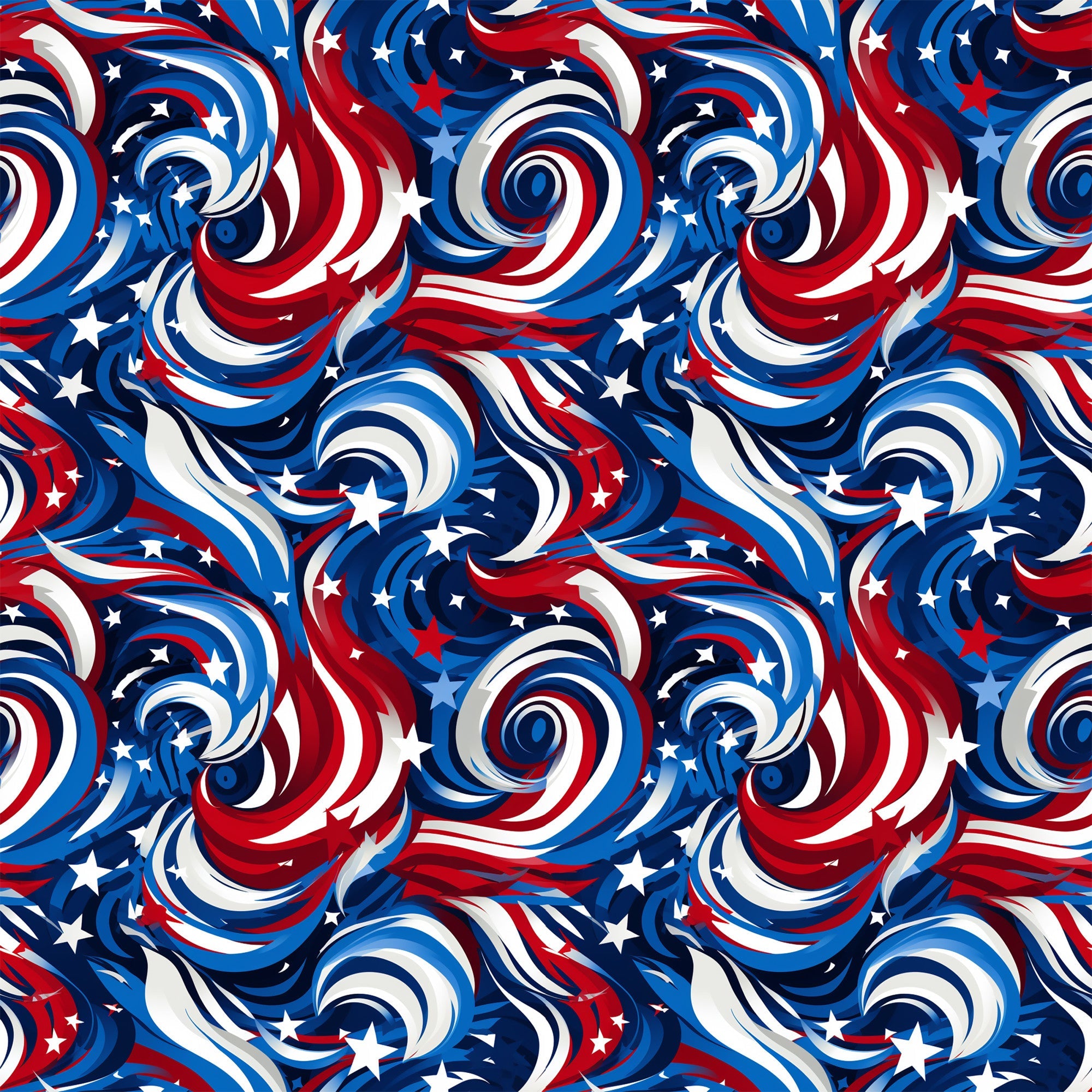 red, white, blue, navy blue, swirls, spirals, stars, patriotic, american flag colors, abstract pattern, flowing design,, fabric panel, seamless repeat, dynamic movement, circular motifs, usa theme, independence day, fourth of july, geometric swirls