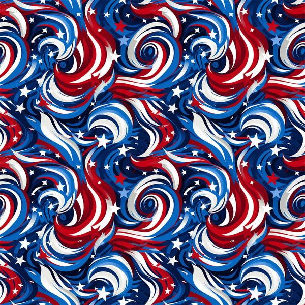 red, white, blue, navy blue, swirls, spirals, stars, patriotic, american flag colors, abstract pattern, flowing design,, fabric panel, seamless repeat, dynamic movement, circular motifs, usa theme, independence day, fourth of july, geometric swirls