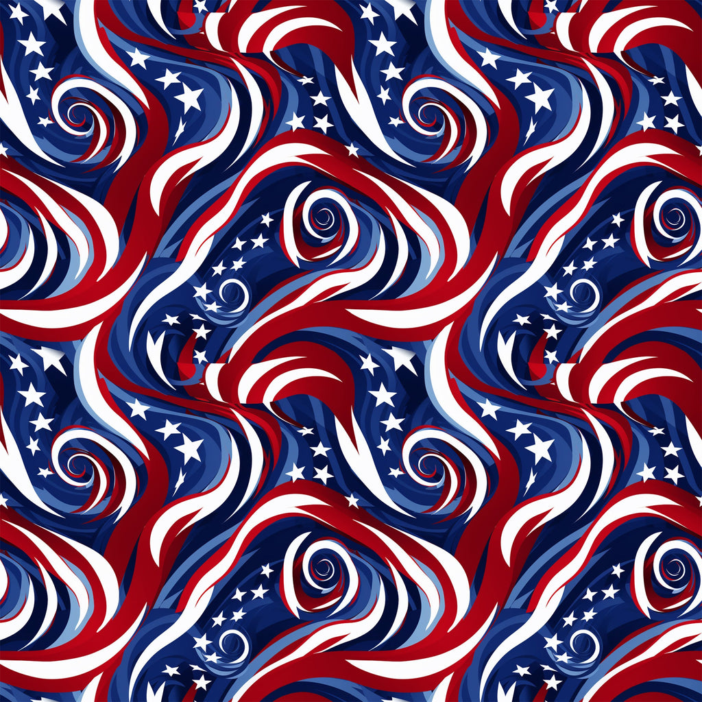 red, white, blue, navy blue, swirls, spirals, stars, patriotic, american flag colors, flowing ribbons, wavy stripes,, fabric panel, dynamic movement, circular patterns, fourth of july, memorial day, veterans day, cotton fabric, repeating pattern, festive design