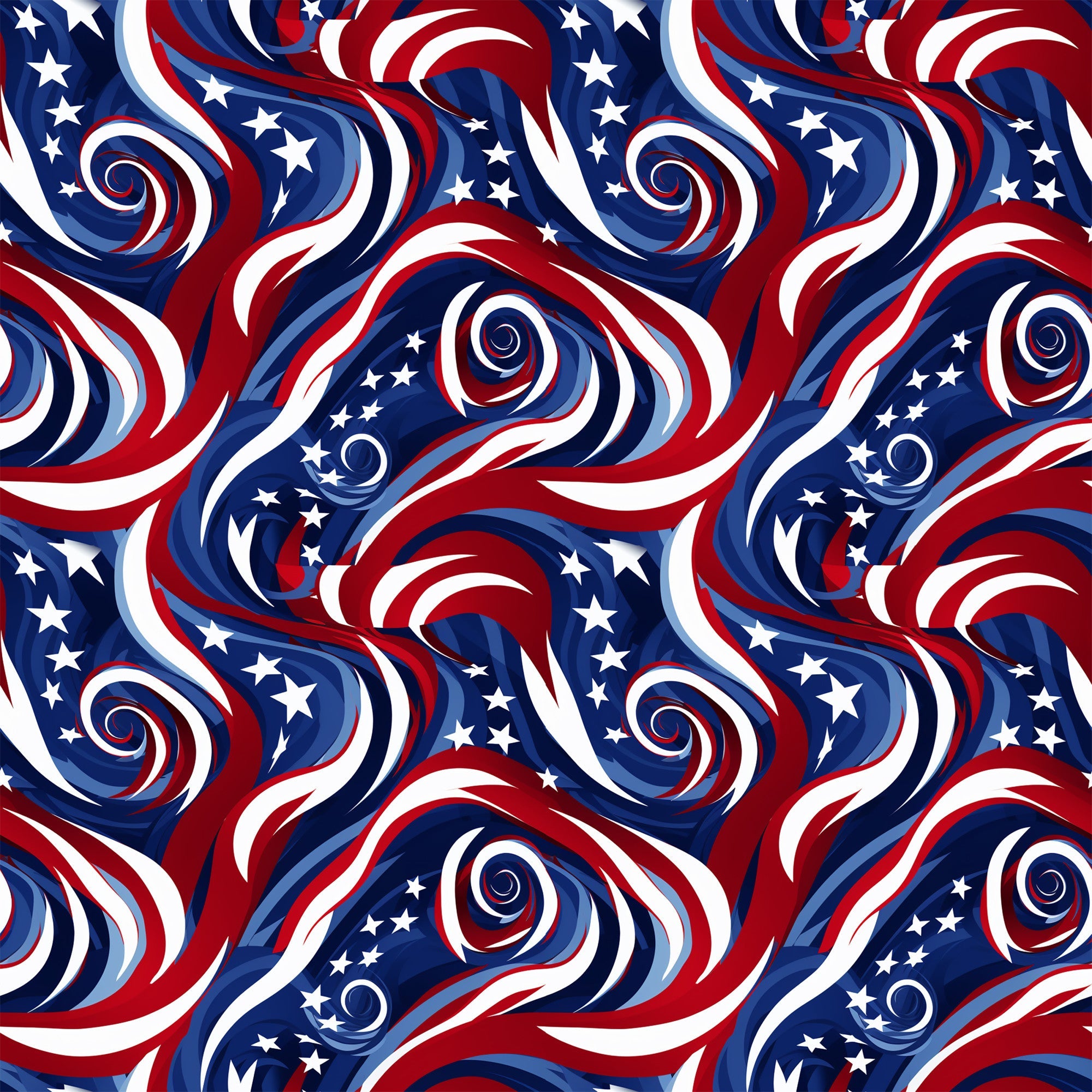 red, white, blue, navy blue, swirls, spirals, stars, patriotic, american flag colors, flowing ribbons, wavy stripes,, fabric panel, dynamic movement, circular patterns, fourth of july, memorial day, veterans day, cotton fabric, repeating pattern, festive design
