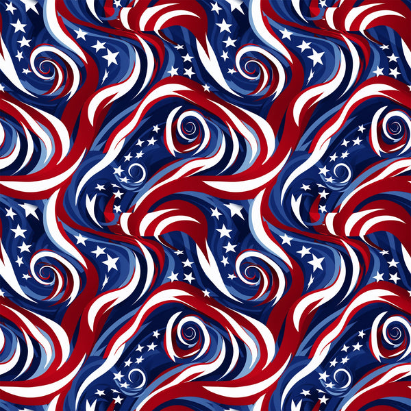 red, white, blue, navy blue, swirls, spirals, stars, patriotic, american flag colors, flowing ribbons, wavy stripes,, fabric panel, dynamic movement, circular patterns, fourth of july, memorial day, veterans day, cotton fabric, repeating pattern, festive design