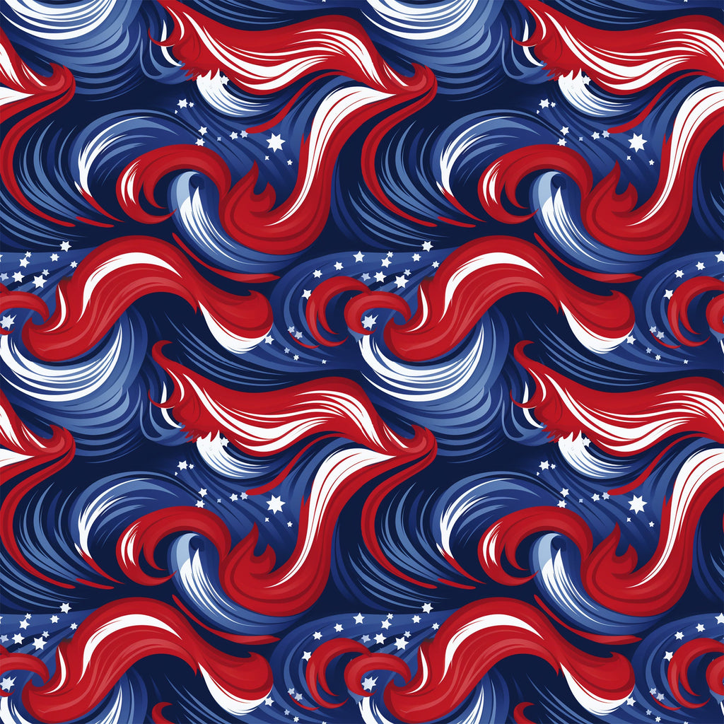 navy blue, red, white, swirls, stars, patriotic, abstract waves, flowing curves, americana,, fabric panel, dynamic movement, spirals, celestial elements, flag colors, seamless pattern, textile design, crafting material, repetitive motif
