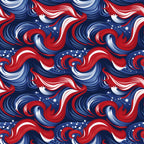 navy blue, red, white, swirls, stars, patriotic, abstract waves, flowing curves, americana,, fabric panel, dynamic movement, spirals, celestial elements, flag colors, seamless pattern, textile design, crafting material, repetitive motif