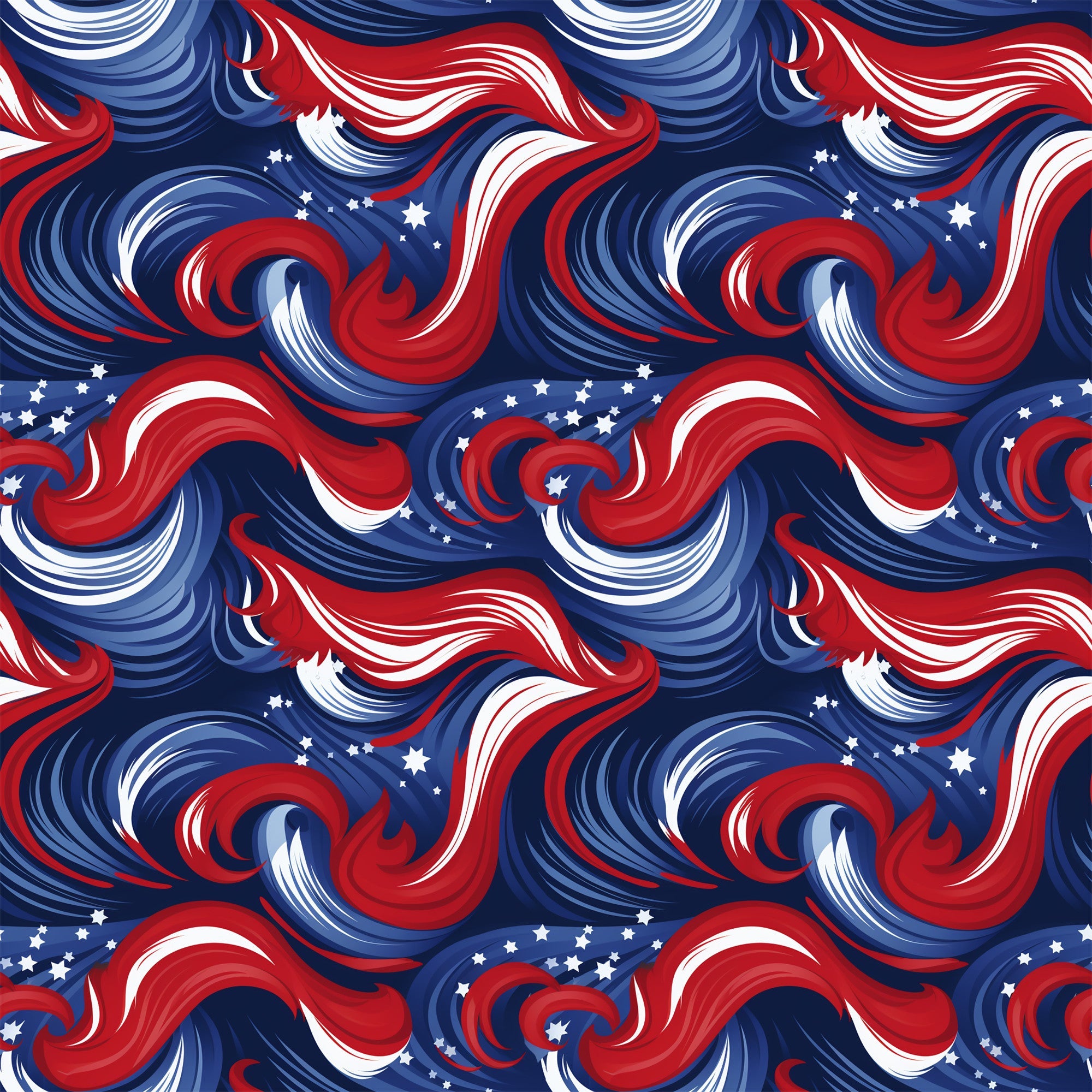 navy blue, red, white, swirls, stars, patriotic, abstract waves, flowing curves, americana,, fabric panel, dynamic movement, spirals, celestial elements, flag colors, seamless pattern, textile design, crafting material, repetitive motif