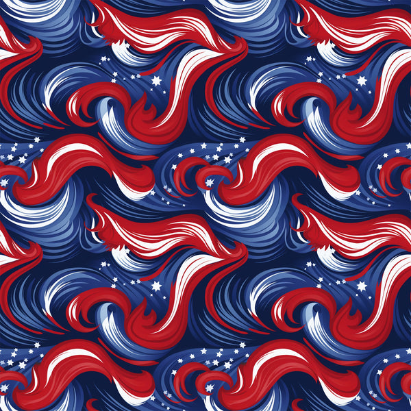 navy blue, red, white, swirls, stars, patriotic, abstract waves, flowing curves, americana,, fabric panel, dynamic movement, spirals, celestial elements, flag colors, seamless pattern, textile design, crafting material, repetitive motif