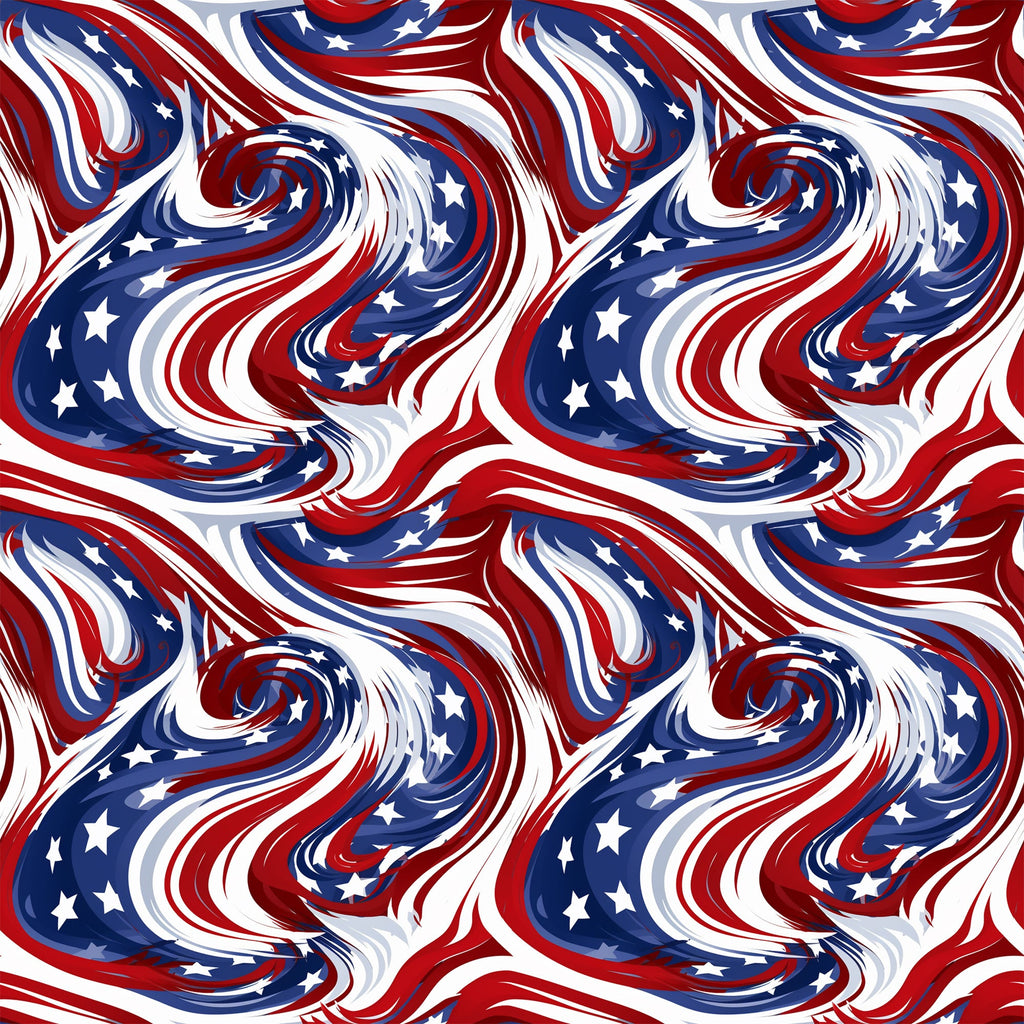 red, white, blue, patriotic swirls, flowing patterns, star motifs, abstract waves, marbled design,, fabric panel, american flag colors, dynamic movement, swirling textures, independence day, fourth of july, patriotic theme, cotton fabric, repeating pattern, fluid design