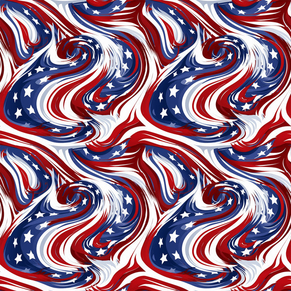red, white, blue, patriotic swirls, flowing patterns, star motifs, abstract waves, marbled design,, fabric panel, american flag colors, dynamic movement, swirling textures, independence day, fourth of july, patriotic theme, cotton fabric, repeating pattern, fluid design