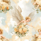 Cherubs with wings holding yellow roses, surrounded by clouds in a pastel sky.