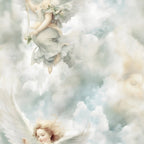 Two ethereal angels with wings float among soft, fluffy clouds, surrounded by a light, dreamy atmosphere.