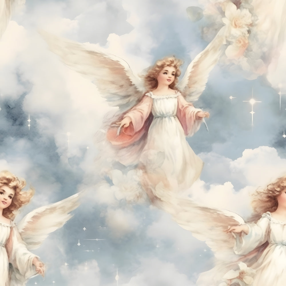Illustration of angels with golden hair and white robes floating among clouds and stars in a soft, pastel sky.
