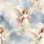 Illustration of angels with golden hair and white robes floating among clouds and stars in a soft, pastel sky.
