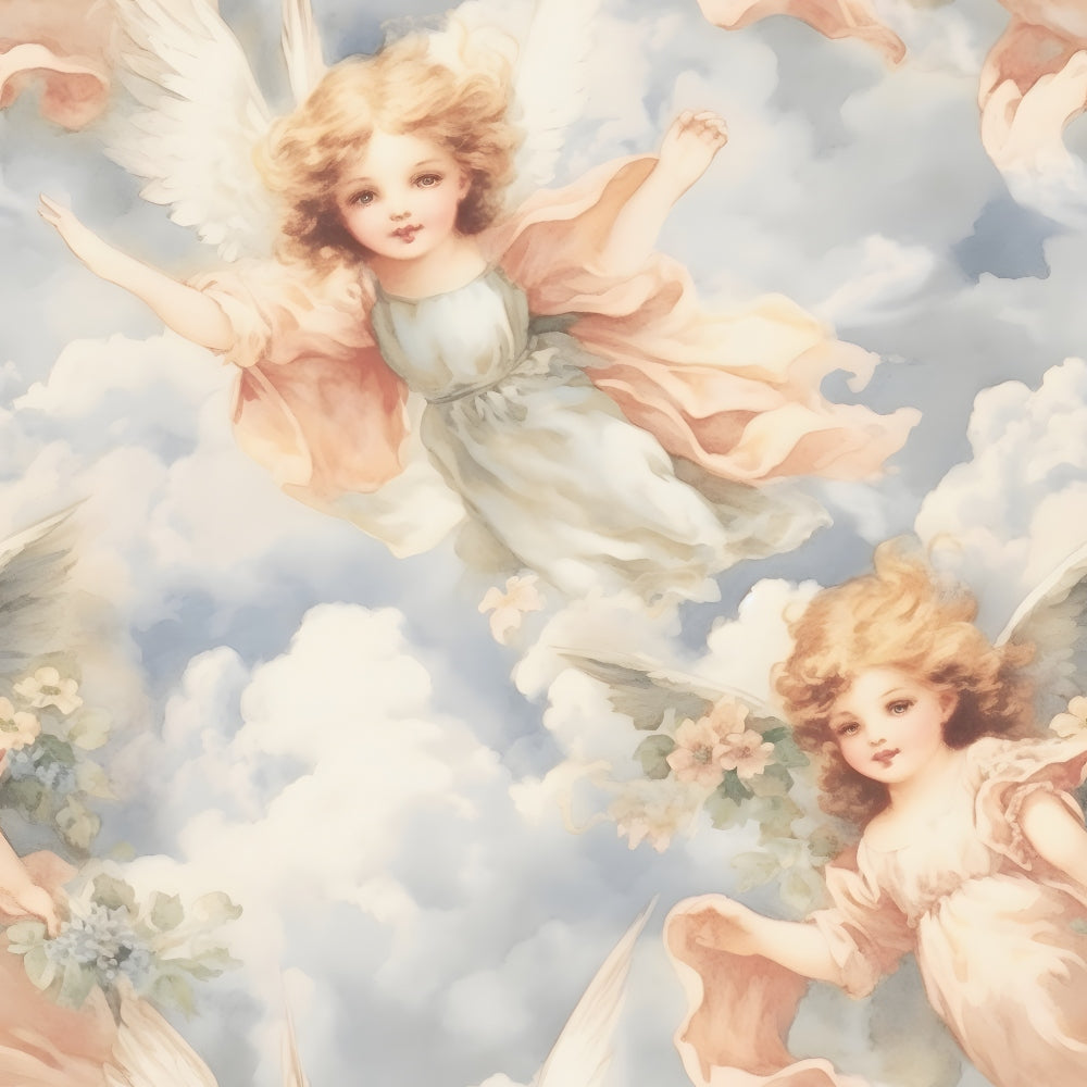 Vintage-style illustration of two cherubic angels with wings, wearing pastel dresses, floating among clouds and surrounded by flowers.