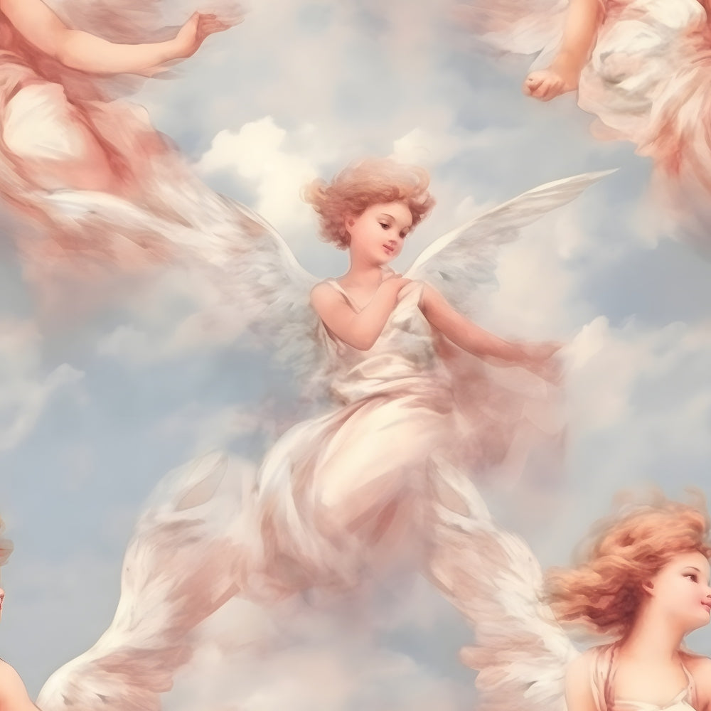 Painting of angels in flowing white garments among clouds, soft pastel tones, ethereal and serene atmosphere.