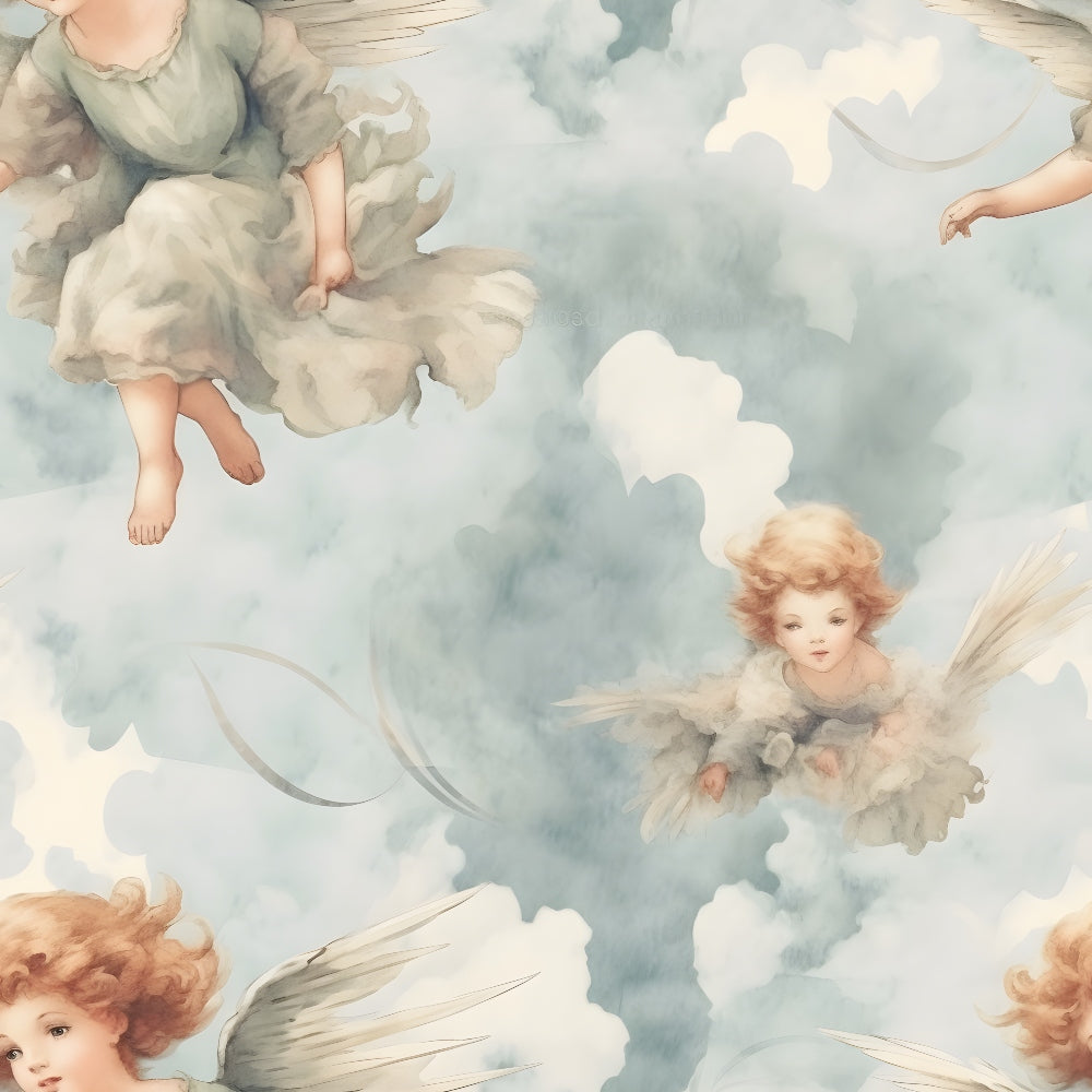 Illustration of cherubic angels with wings and flowing robes against a cloudy sky background.