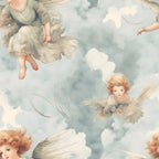 Illustration of cherubic angels with wings and flowing robes against a cloudy sky background.