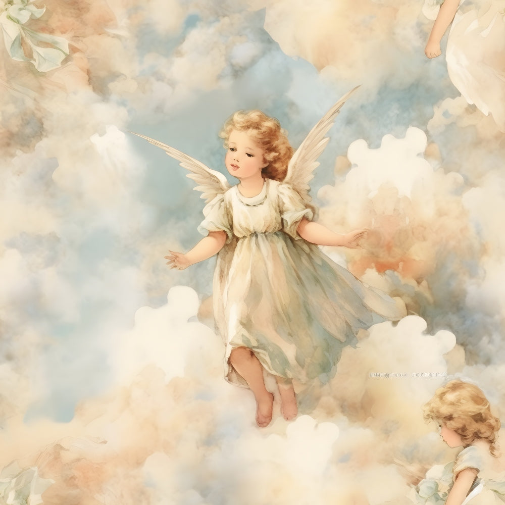 A cherubic angel with blonde hair and wings floats among soft clouds, wearing a flowing white dress.
