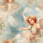 Illustration of cherubic angels with wings, floating in a cloudy sky, surrounded by flowers.