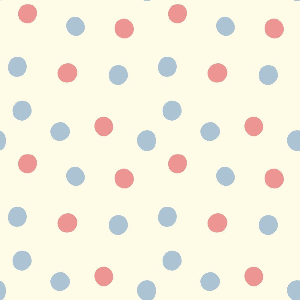 cream background, coral pink dots, dusty blue dots, scattered polka dots, random dot pattern,, fabric panel, vintage style, soft pastels, gentle colors, heavenly theme, angel motifs, sweet design, nursery fabric, quilting material, cotton fabric, dotted pattern, muted tones, celestial theme, whimsical dots