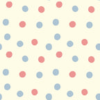 cream background, coral pink dots, dusty blue dots, scattered polka dots, random dot pattern,, fabric panel, vintage style, soft pastels, gentle colors, heavenly theme, angel motifs, sweet design, nursery fabric, quilting material, cotton fabric, dotted pattern, muted tones, celestial theme, whimsical dots