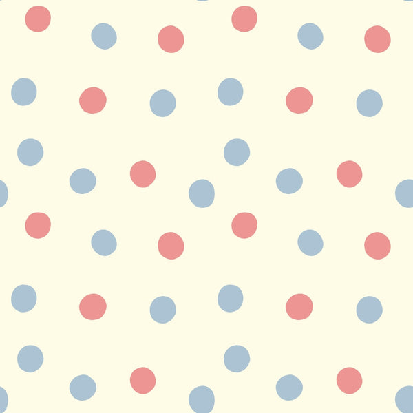 cream background, coral pink dots, dusty blue dots, scattered polka dots, random dot pattern,, fabric panel, vintage style, soft pastels, gentle colors, heavenly theme, angel motifs, sweet design, nursery fabric, quilting material, cotton fabric, dotted pattern, muted tones, celestial theme, whimsical dots