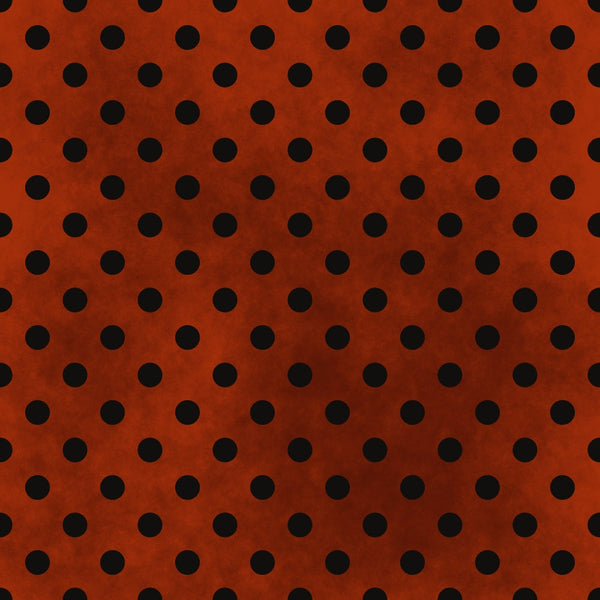 Black polka dots evenly spaced on a dark orange background.