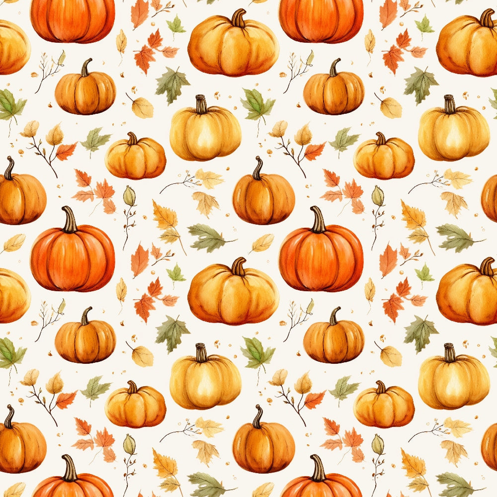 Pattern of orange and yellow pumpkins with green and brown leaves on a white background.