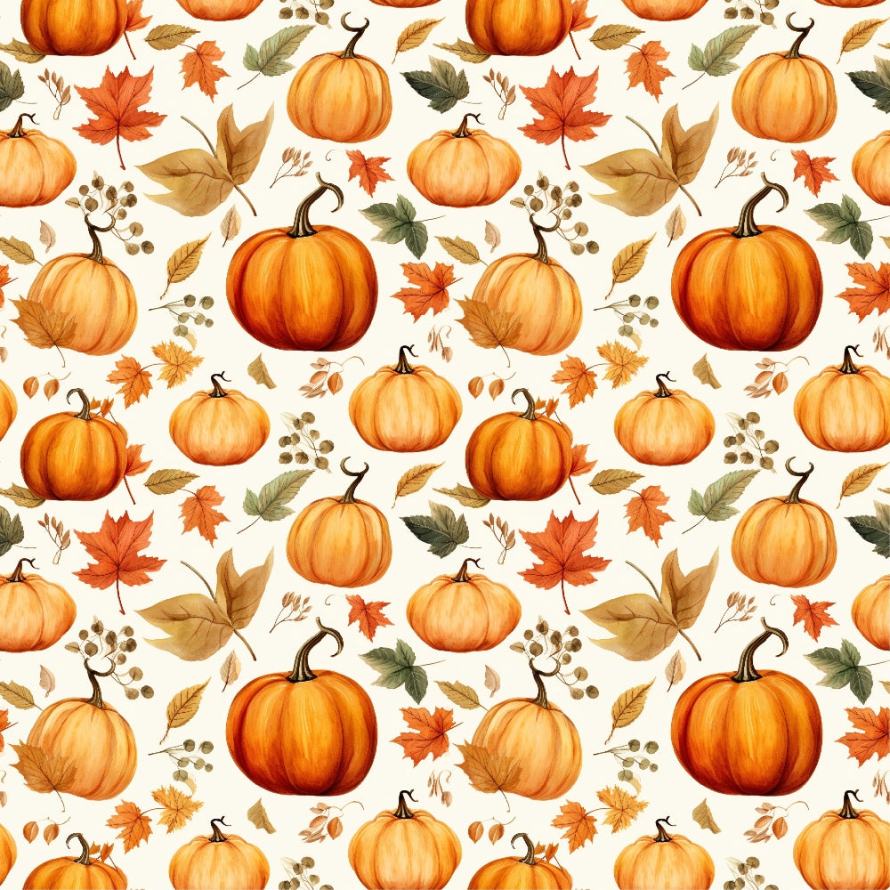 Pattern of orange pumpkins, autumn leaves, and small berries on a light background.