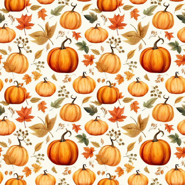 Pattern of orange pumpkins, autumn leaves, and small berries on a light background.