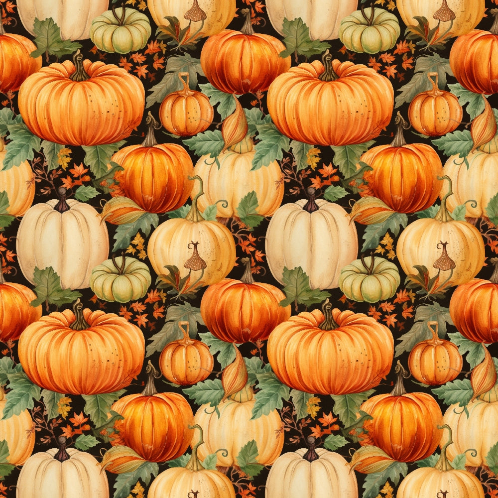 Seamless pattern of various pumpkins and fall leaves on a dark background.