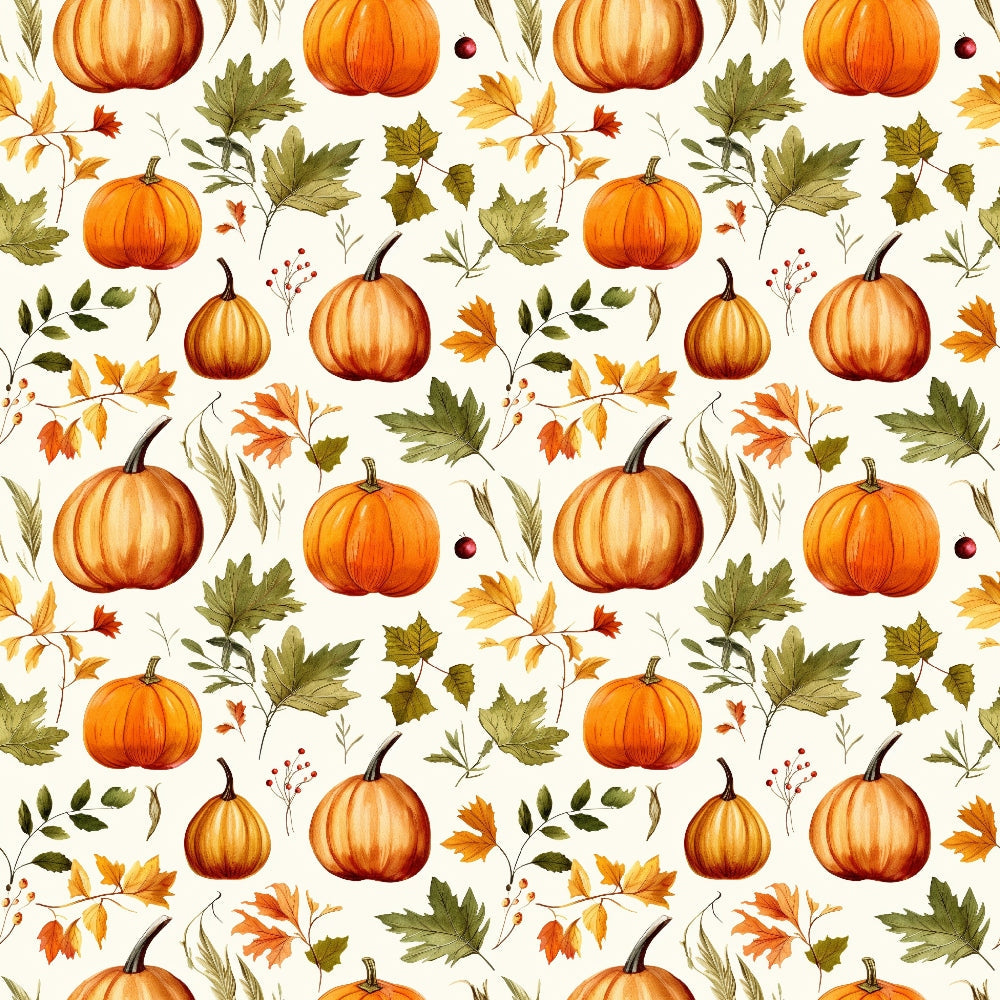 Pattern of orange pumpkins and autumn leaves on a light background.