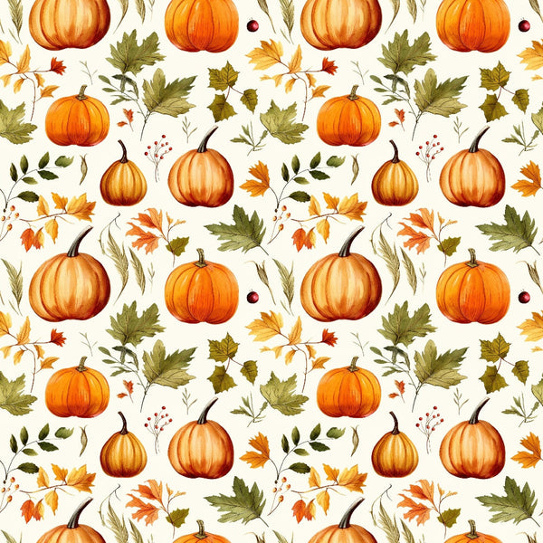 Pattern of orange pumpkins and autumn leaves on a light background.