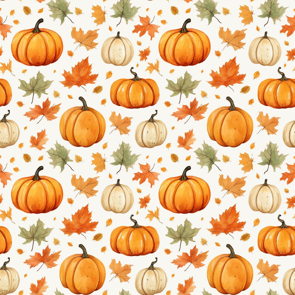 Pattern of orange and white pumpkins with orange, yellow, and green leaves on a light background.