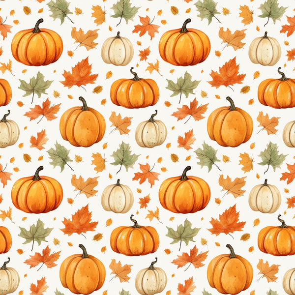 Pattern of orange and white pumpkins with orange, yellow, and green leaves on a light background.