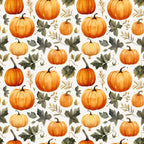 Pattern of orange pumpkins and green leaves on a light background.